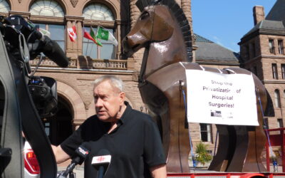 Giant Trojan Horse visits Espanola Regional Hospital as OCHU-CUPE and the Ontario Health Coalition protest privatization of hospital services