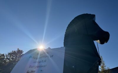 Giant Trojan Horse visits Lakeridge Health Oshawa as  OCHU-CUPE and the Ontario Health Coalition protest privatization of hospital services