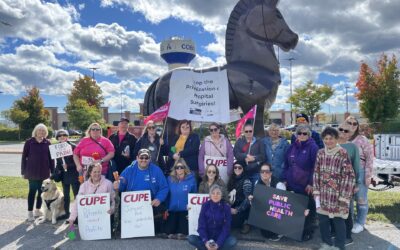 Giant Trojan Horse visits Hawkesbury & District General Hospital as OCHU-CUPE and the Ontario Health Coalition protest privatization of hospital services