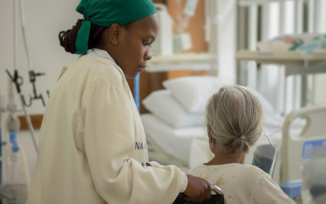 Image: Female PSW helping old woman in wheel chair